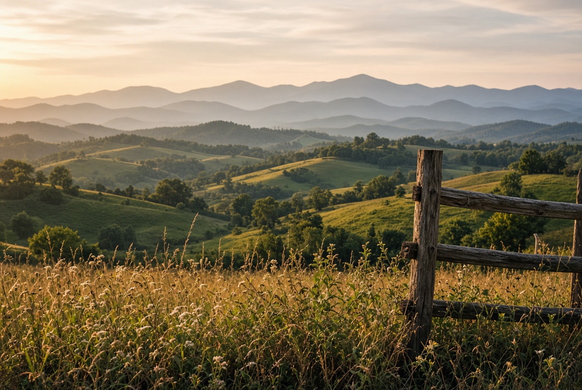 Rolling Tennessee hills in late light, with a cedar fence in the foreground and blue ridges beyond.