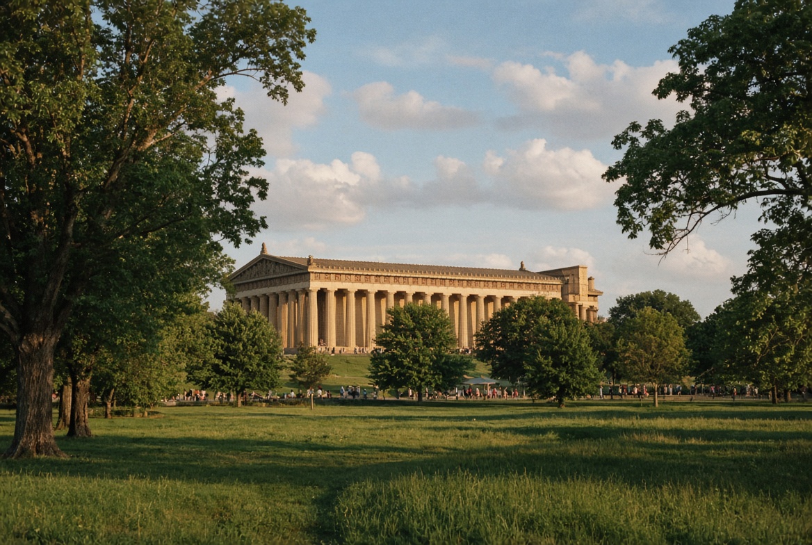 The Parthenon in Centennial Park, Nashville, across a green lawn.